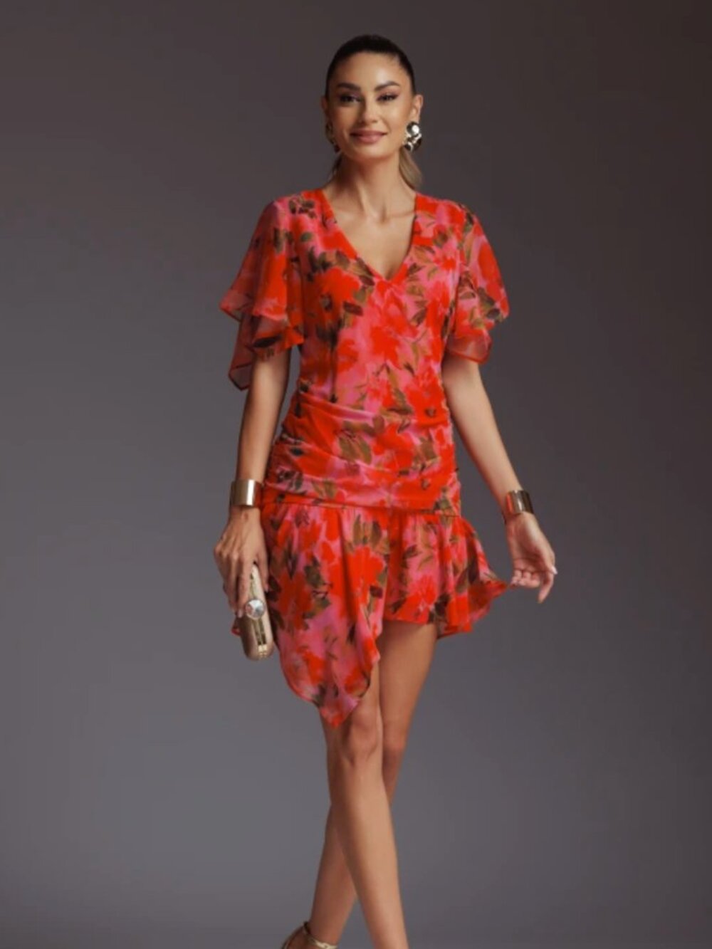 NWT ASOS Red/Pink Floral Flutter Sleeve Chiffon Dress sz 0